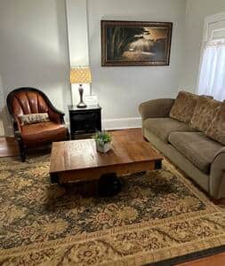 living room with large TV