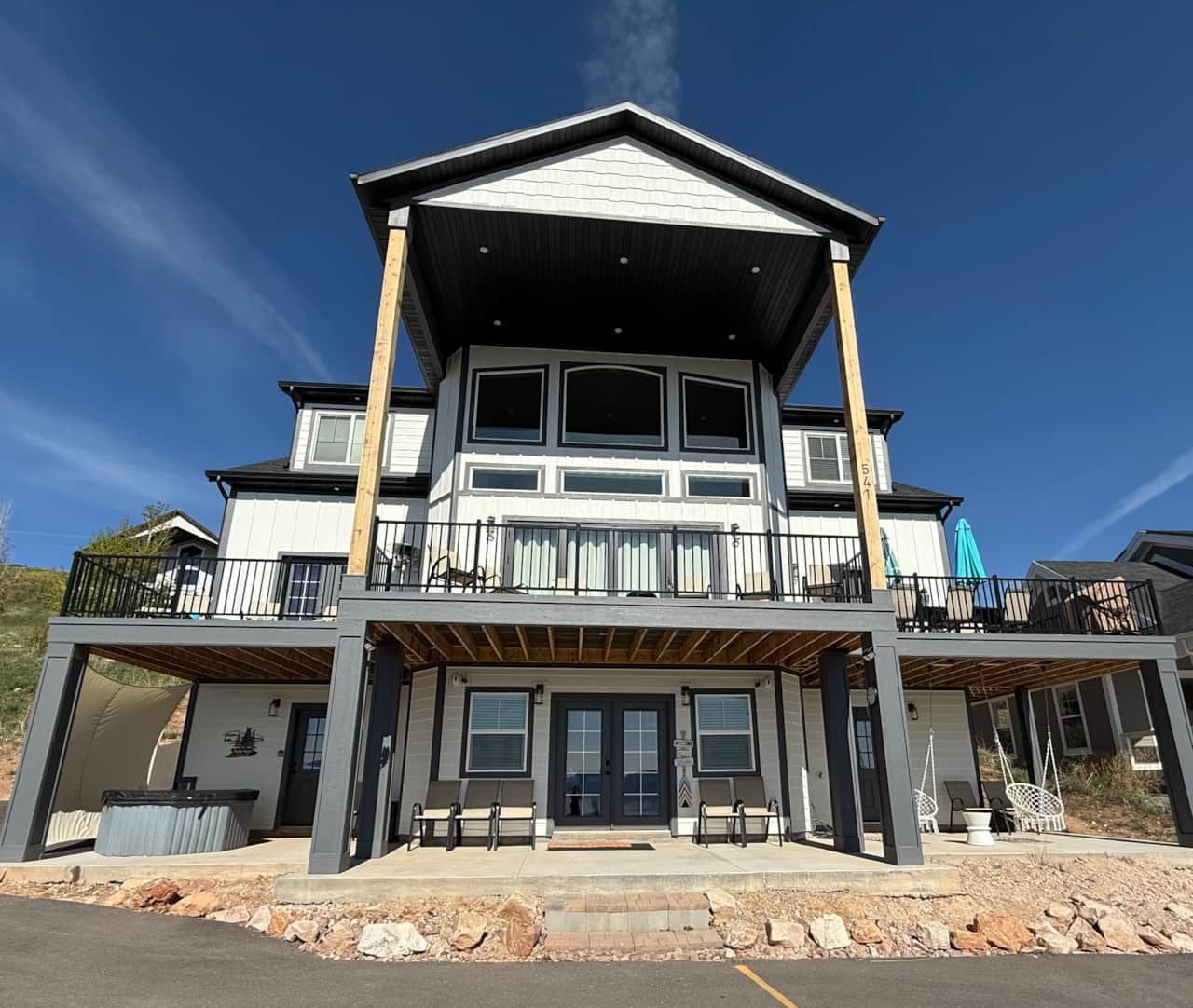 Front view of Raspberry Sunrise decks facing the beautiful Bear Lake
