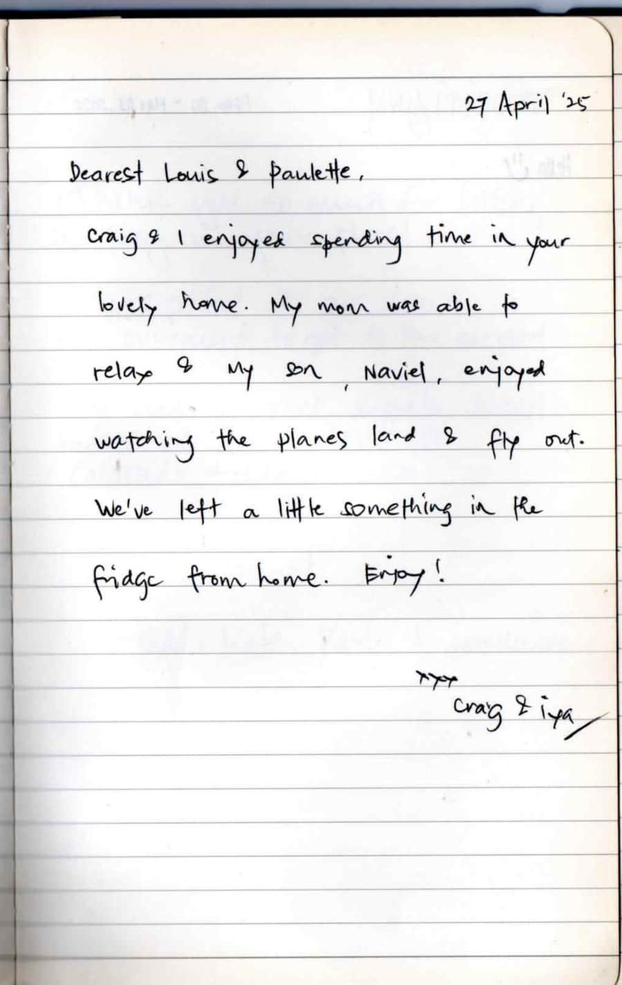 Handwritten guest note from Raya P09 guest book