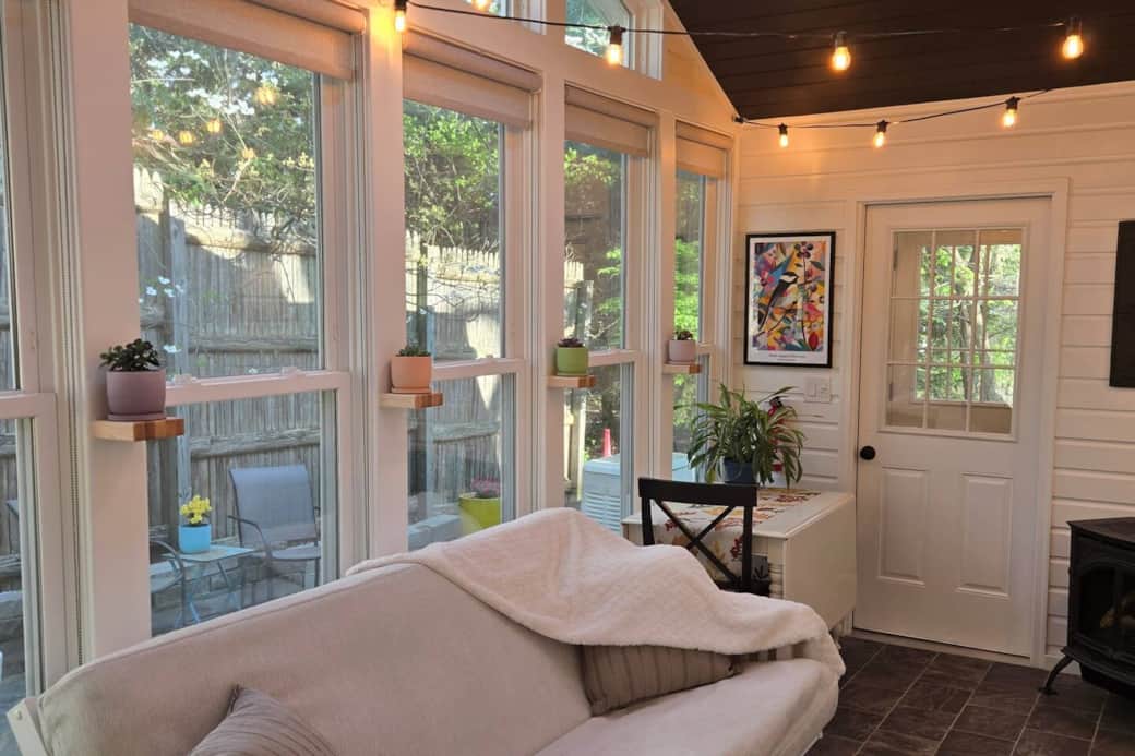 The vaulted ceilings are painted a deep onyx black to frame the stars seen through the skylights at night.