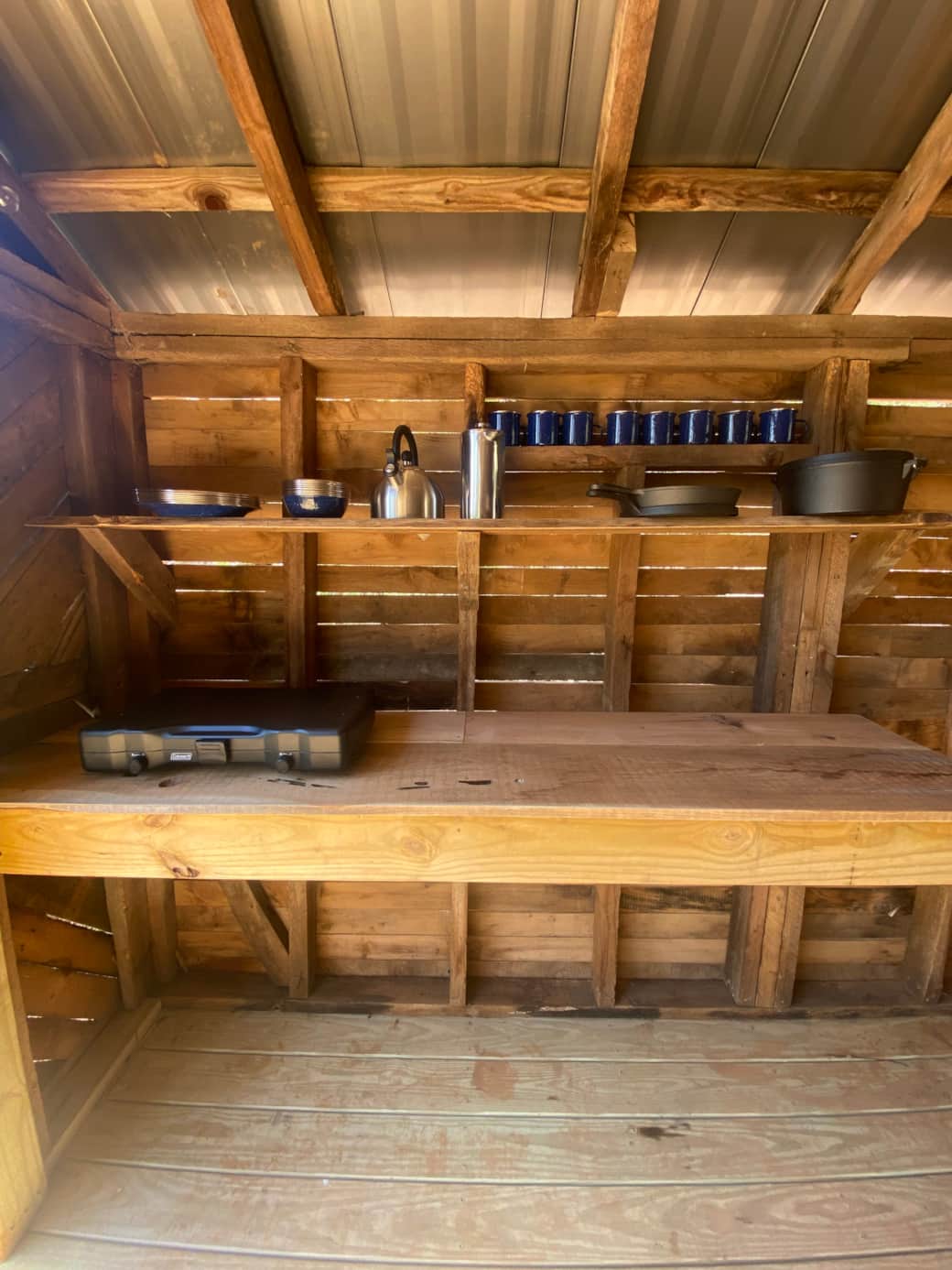 Corn Crib kitchen with all the supplies you need for a great camp meal