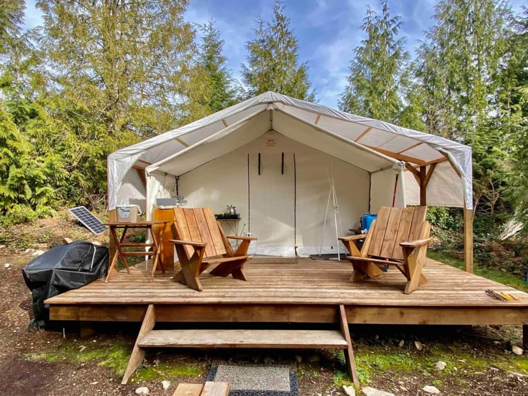 Wall tent with deck and covered outdoor kitchn Wall tent with deck and covered outdoor kitchn