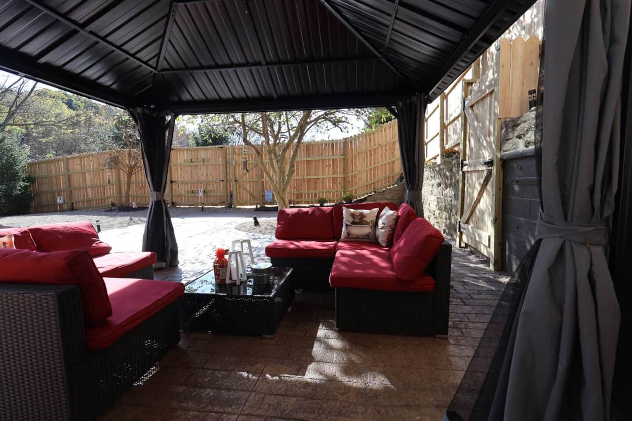 Gazebo-covered seating and outdoor furniture for relaxing