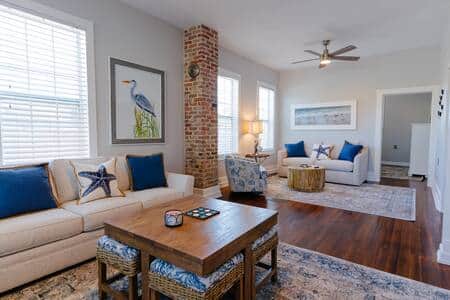 The custom designed living room is centered around connection and relaxation.
