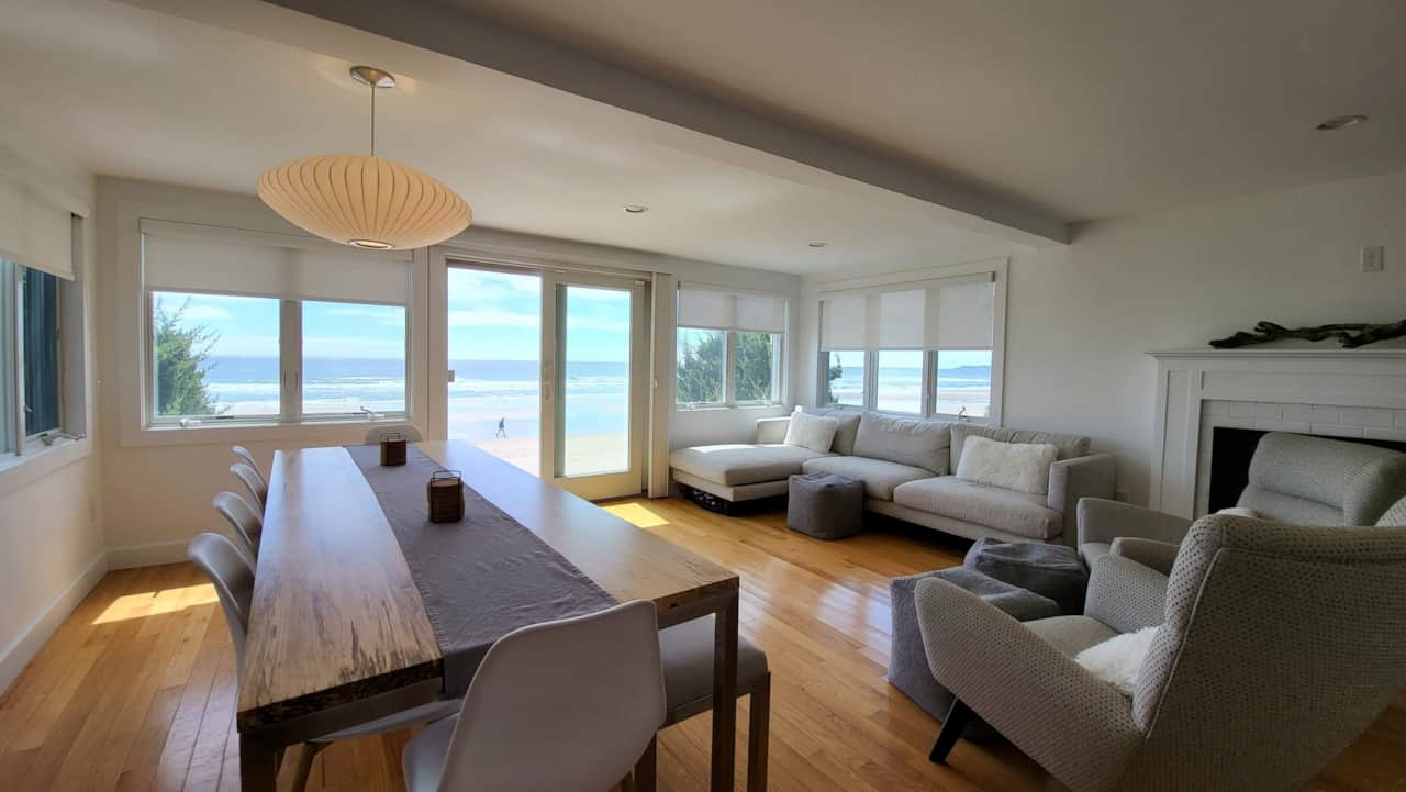 Main level dining and living area with access to the patio