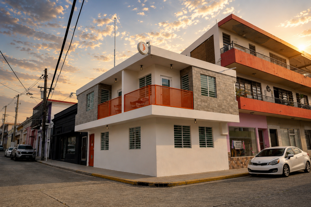 Outside view, top right balcony