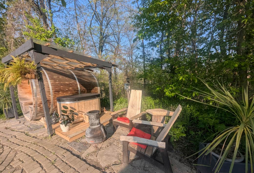 Sauna, plunge, chiminea and chairs