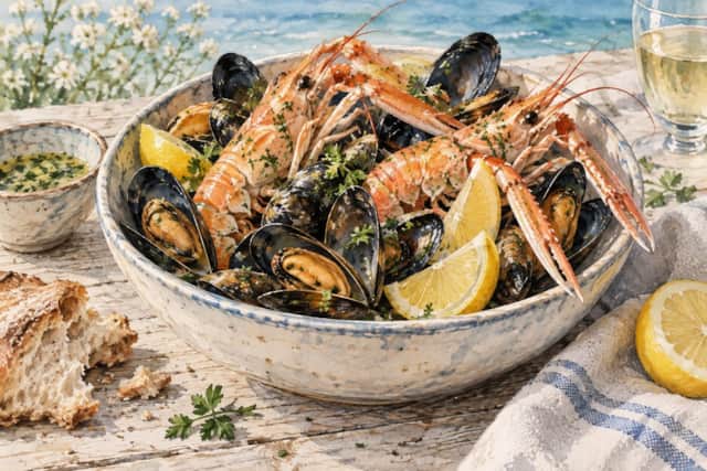 Watercolour illustration of langoustines, mussels and lemon