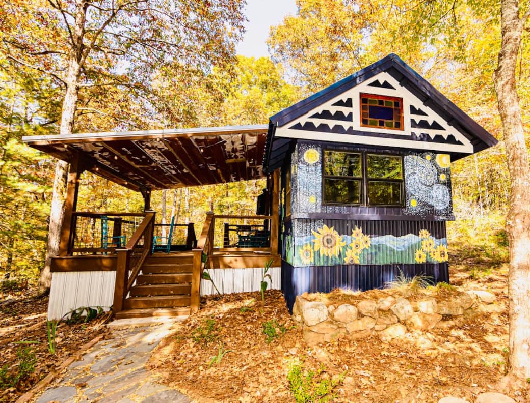 Our gorgeous Starry Steampunk in the middle of the fall foliage.  I don't think you'll find a more secluded hidden gem than this cabin.  Watch the deer pass through and armadillos frolic as you soak in the hot tub and listen to the small waterfalls.