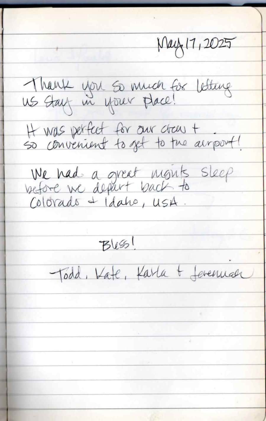 Handwritten guest note from Raya P09 guest book