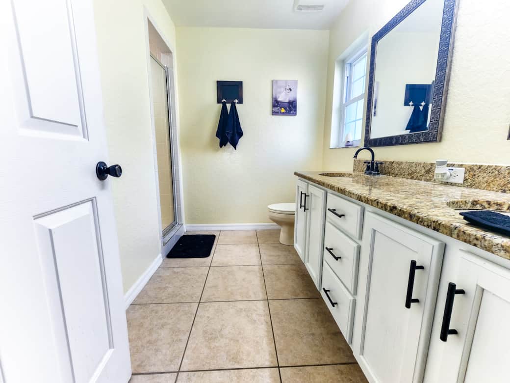 Master bathroom with dual sinks, walk in shower and toilet Master bathroom with dual sinks, walk in shower and toilet