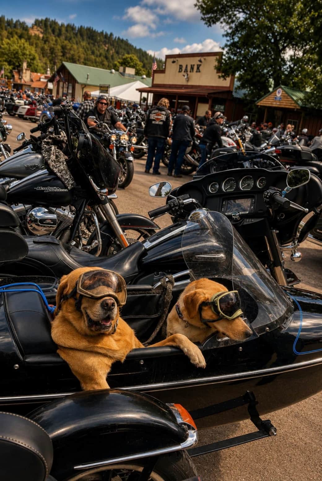 Two dogs wearing riding goggles in a motorcycle sidecar during a lively rally gathering