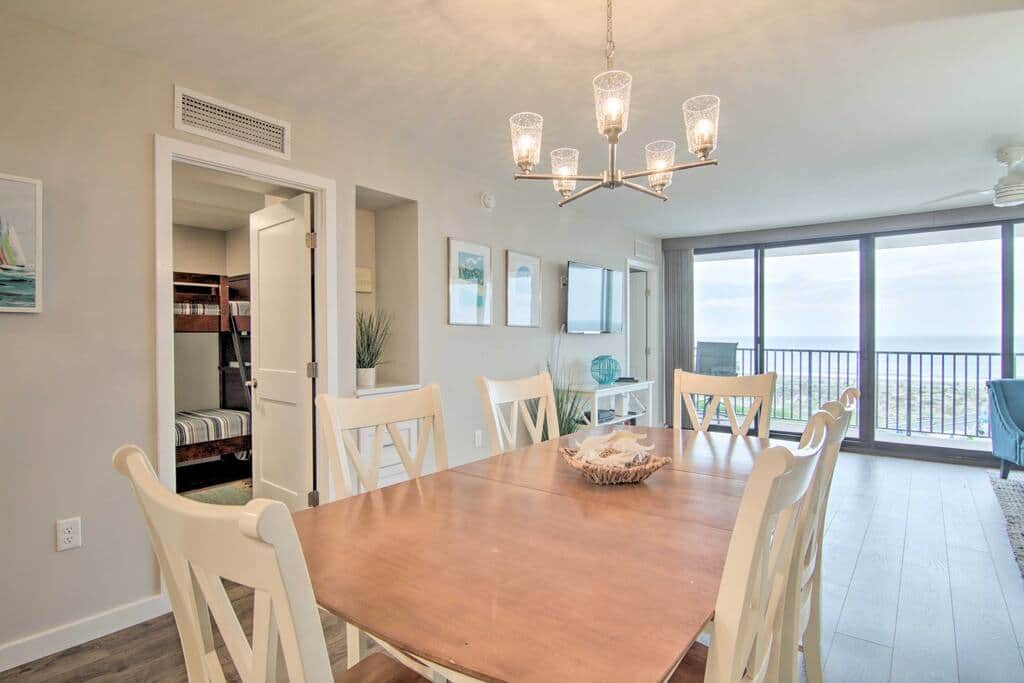 Dining room with ocean view.  View into office.