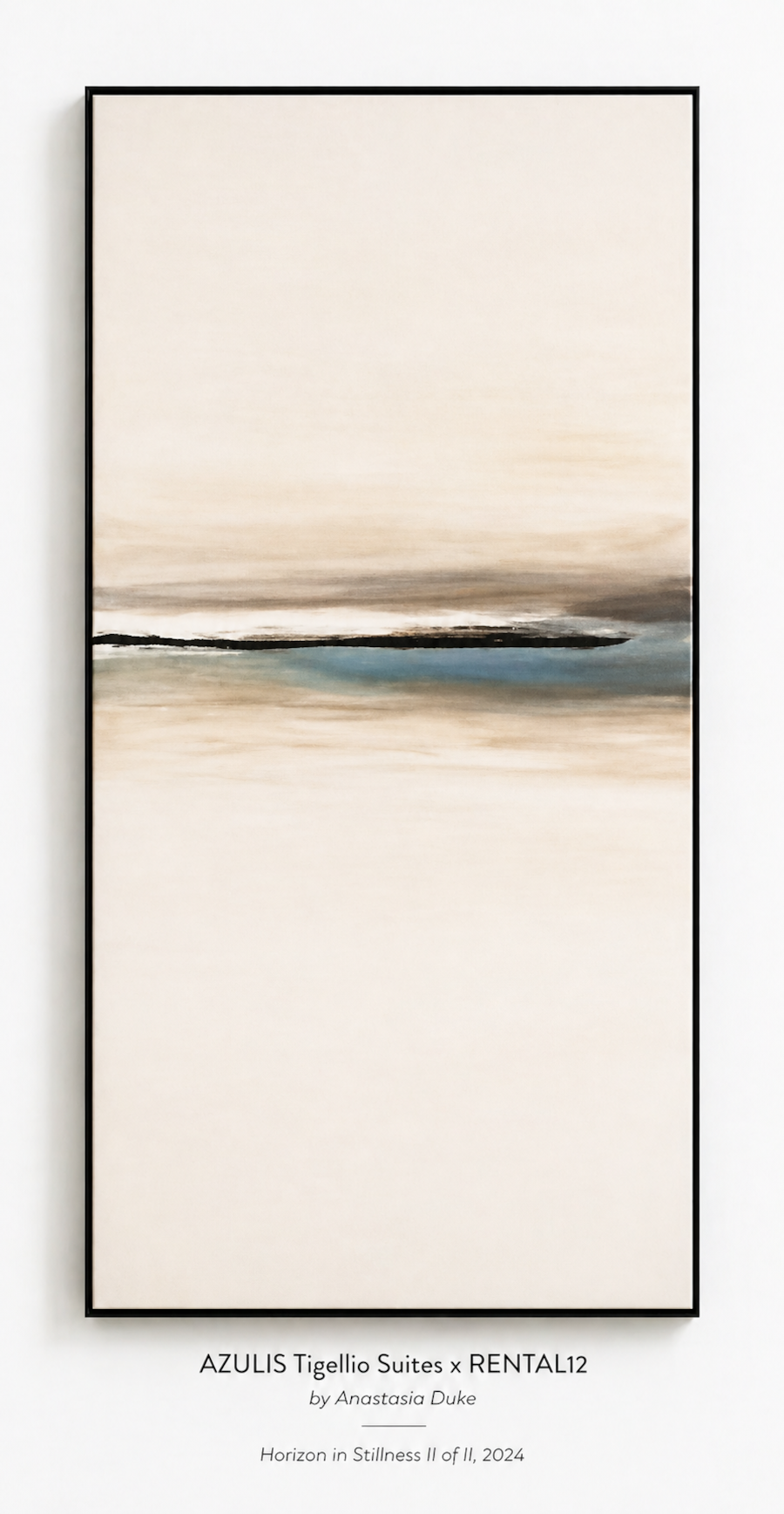 Horizon in Stillness Panel II — blue, grey, black, beige framed panel of the AZULIS Tigellio diptych