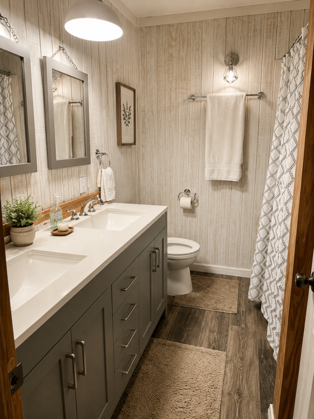 Modern farmhouse bath with double vanity, stylish finishes, and cozy lakehouse charm