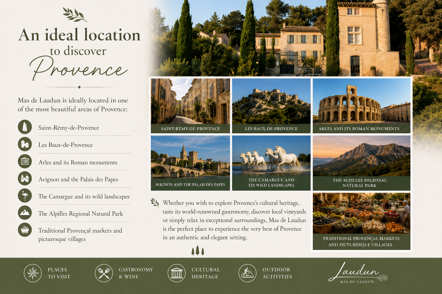 Places to discover near Mas de Laudun: Saint-Rémy-de-Provence, Les Baux-de-Provence, Arles, Avignon, the Camargue, the Alpilles and Provençal markets.