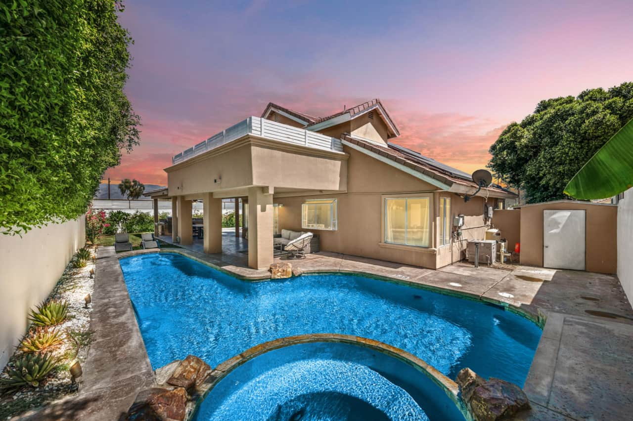 Wild Rose saltwater pool and spa at dusk