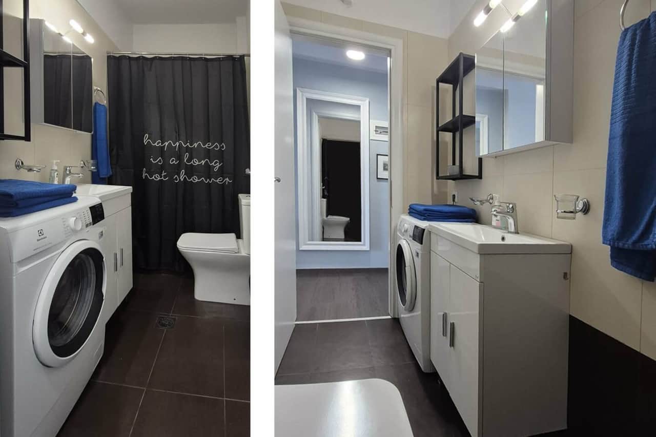 The bathroom offers everything you need, where after a long day at the beach or a tiring hike in the mountains, a shower becomes a moment of pure comfort. Featuring a rainfall shower, essentials, and a washing machine for your convenience!