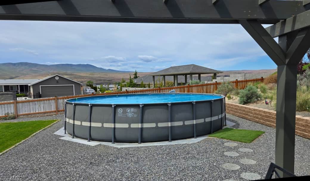 The pool has a filtration system & chemicals so it's safe, but it does not have temperature control.  It's just over 4 feet deep. 
We have some life jackets for you to borrow if you like.