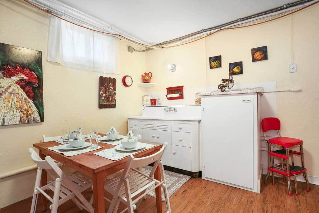 Dining area seats four.