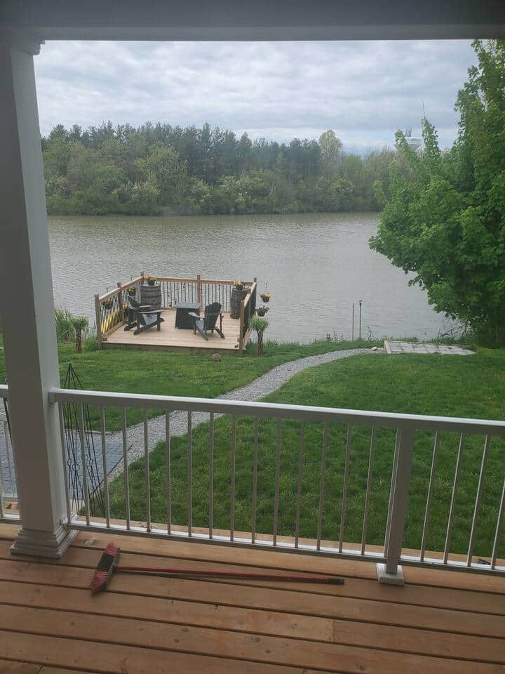 If you scroll in to this pic, he is on route to sunbathing on our back deck.  We built this deck for guest to watch the sunset.  There is a firepit in the box to keep you nice and warm while sipping on some local wine! :)