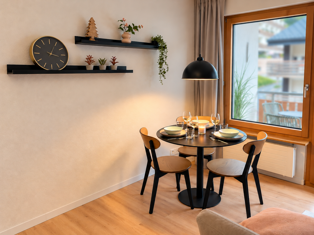 Gemütlicher Essbereich im Studio mit Balkonzugang und schöner Aussicht über Leukerbad.