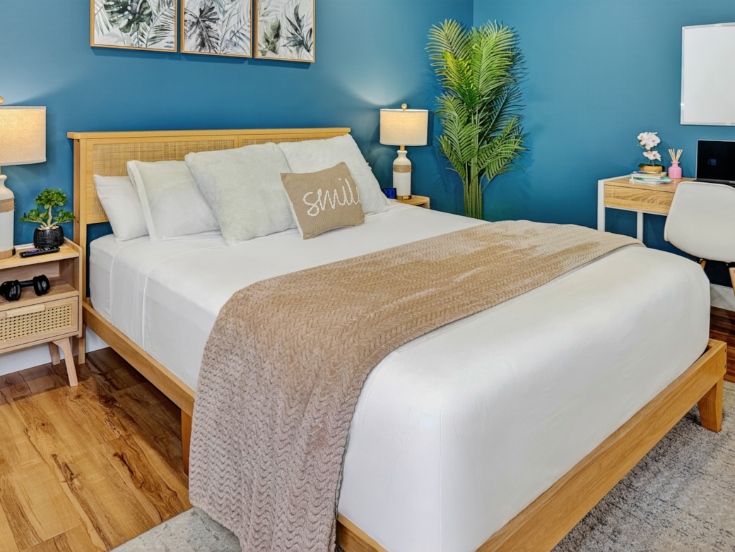 Bright Queen Bedroom with Modern Decor and Work Desk