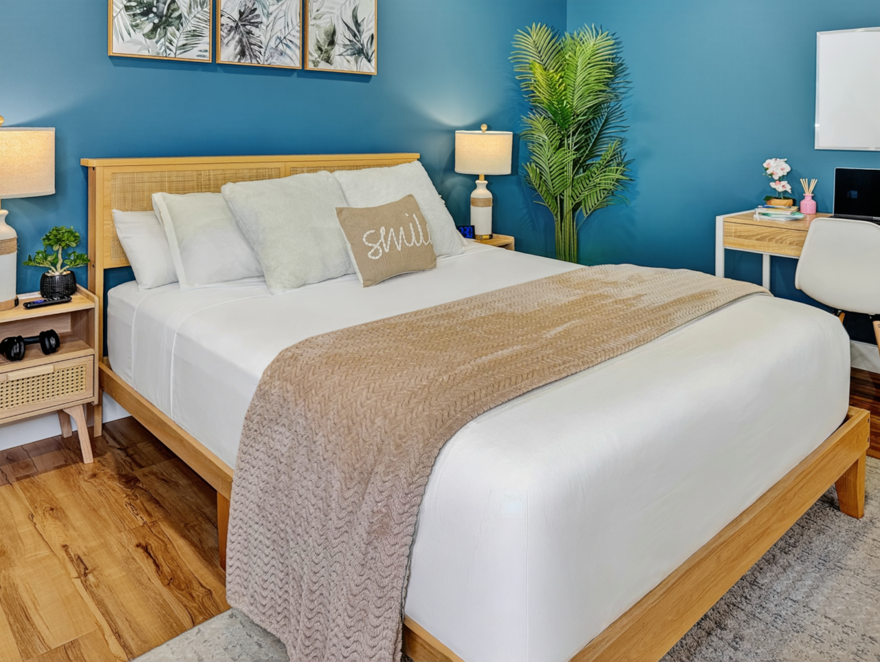 Bright Queen Bedroom with Modern Decor and Work Desk