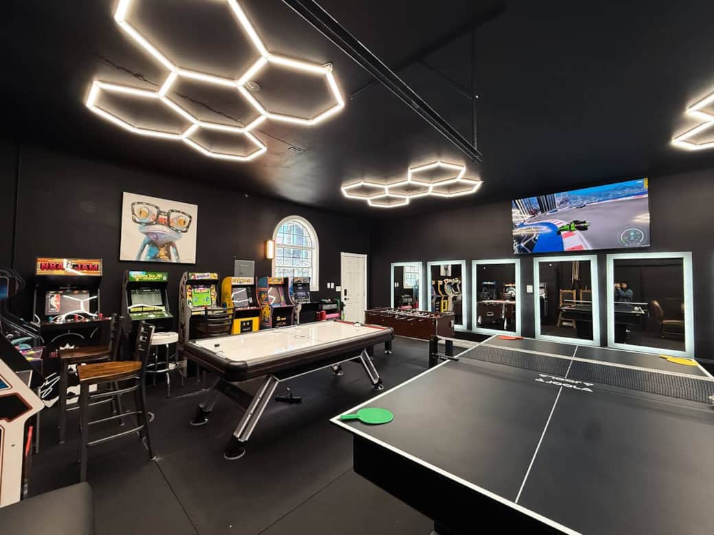 Air hockey, pool & ping pong, foosball, 9 1up arcade games, poker table, & more!