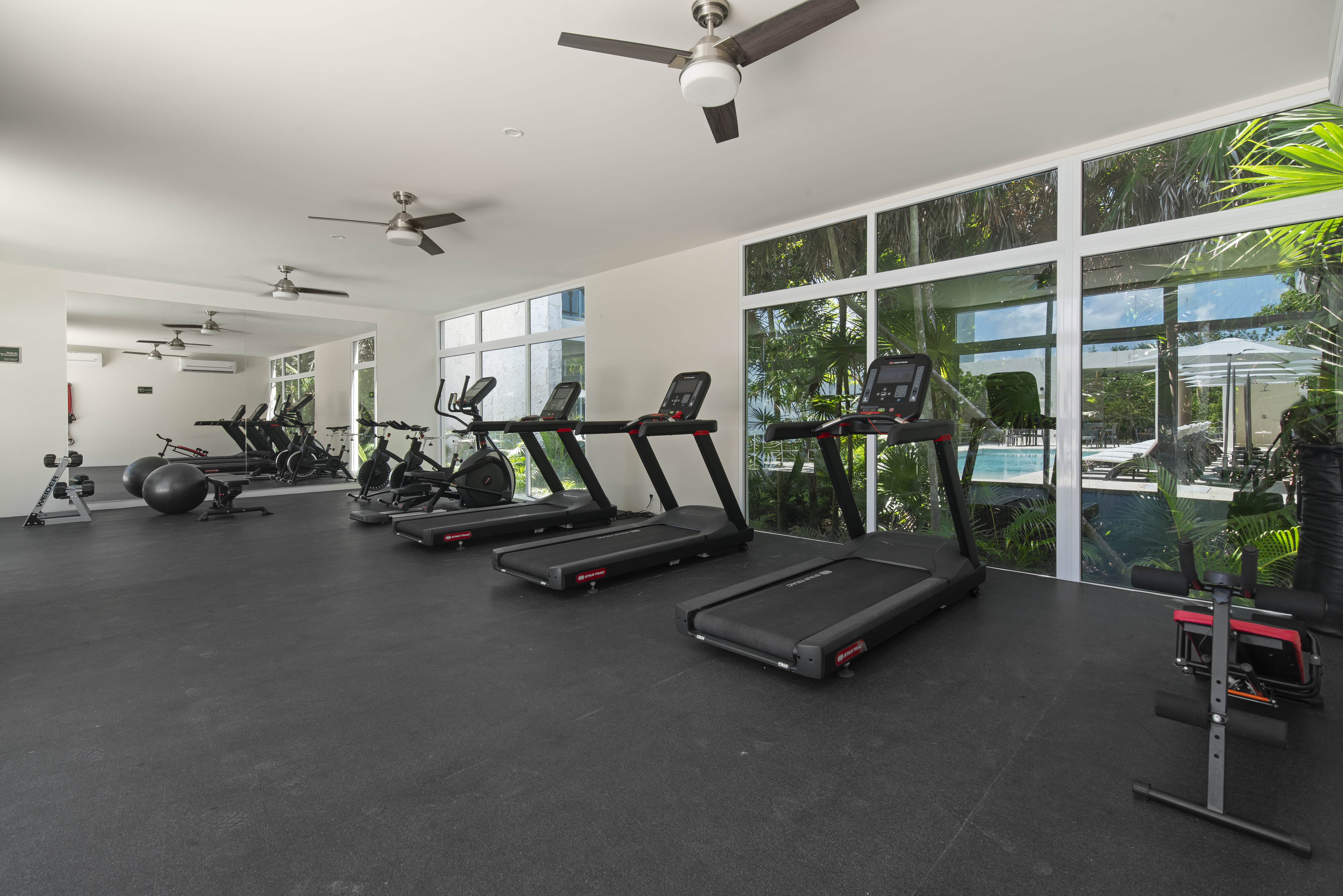 Fully equipped, air-conditioned gym with cardio machines, free weights, and strength equipment.