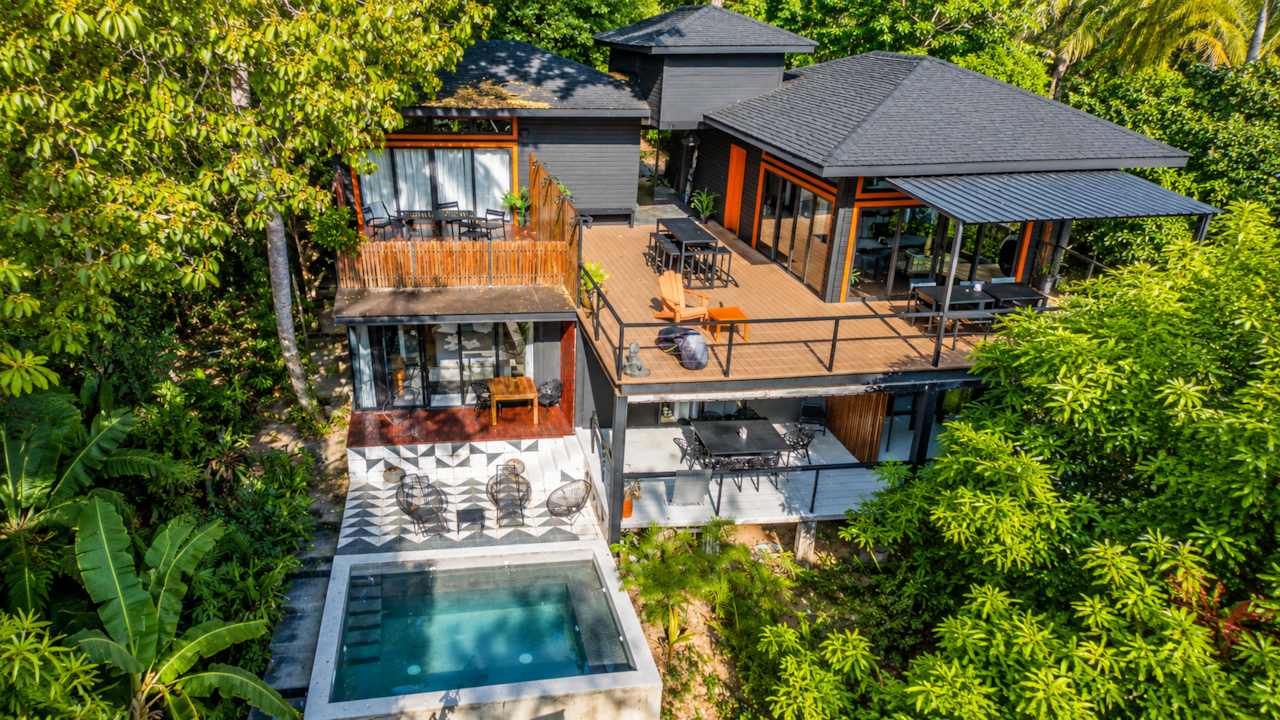Vue aérienne de la Villa Noelia, villa avec piscine privée, île de Saboga, archipel des Perles