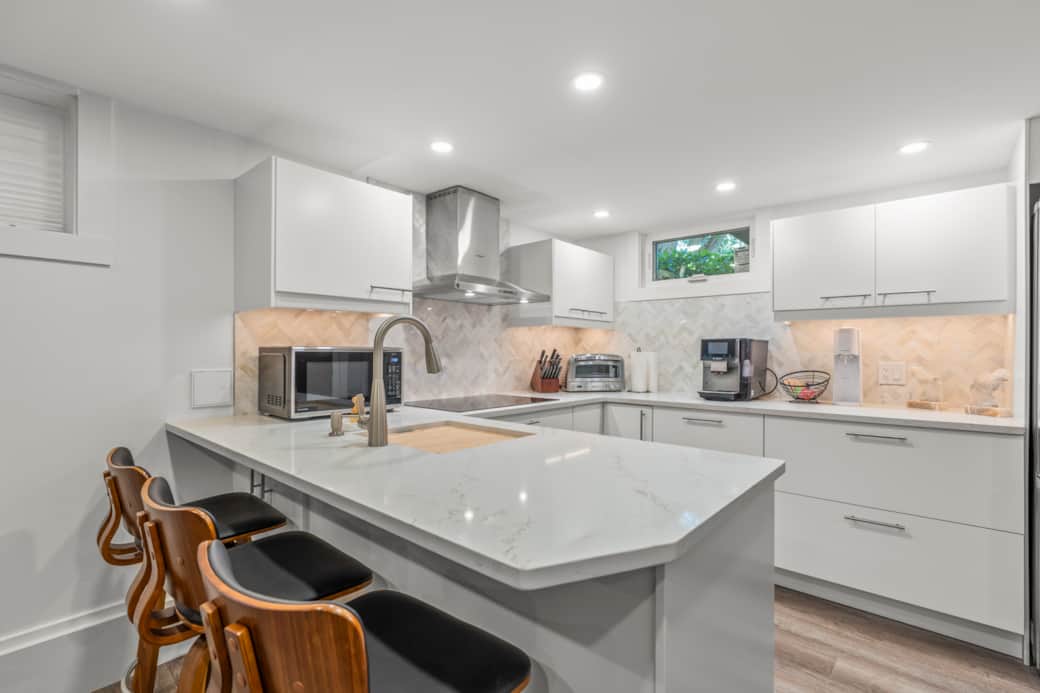 Counter height seating for three. 