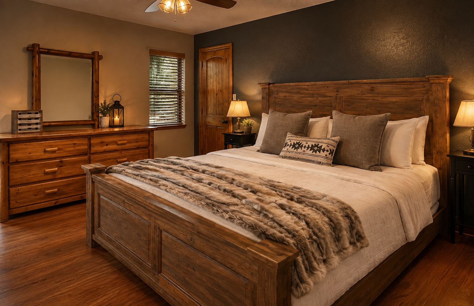 Cozy bedroom interior in mountain cabin near Flagstaff