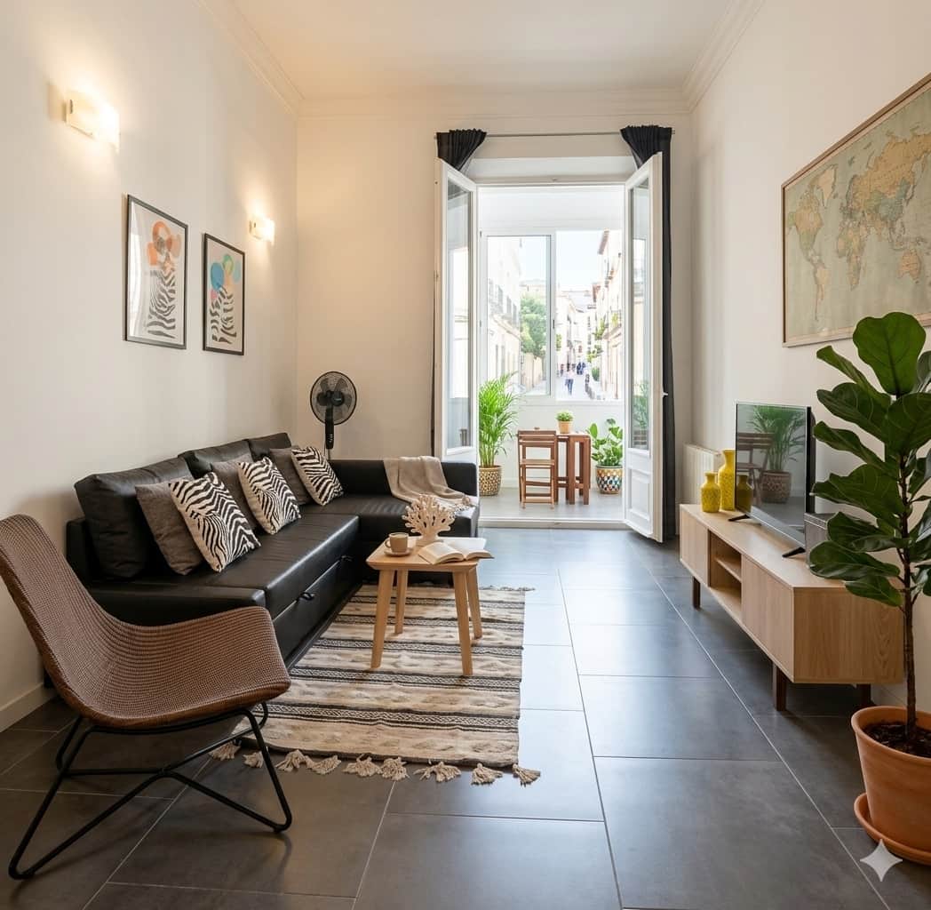 Luminoso salón con balcón, techos altos y sofá de polipiel. Un espacio cálido y moderno ideal para relajarse. Como anfitriona, te ofrezco confianza y una estancia impecable para que te sientas como en casa. ¡Tu refugio ideal te espera!
