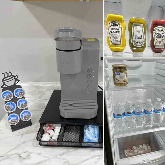 Complementary coffee pods, creamers, sugar, napkins, and stirring sticks and condiments