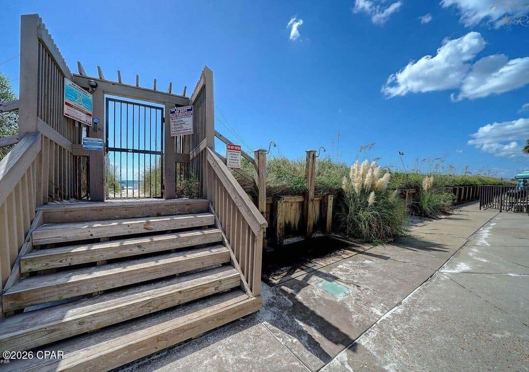 Gated beach access for security with shower rinse offs for easy clean up