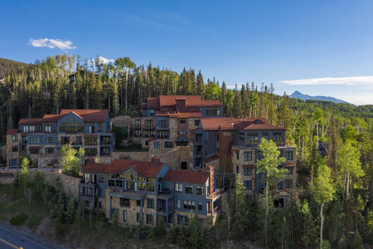 Exterior of Cassidy Ridge with iconic Wilson Peak in the background - great ski-in access!