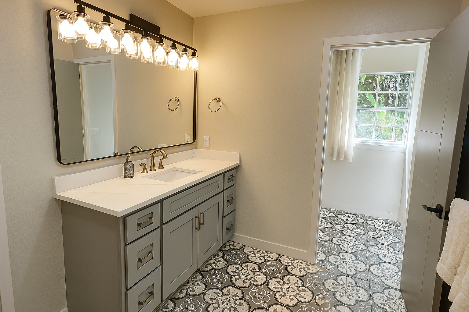 Designer bathroom with double vanity and patterned tile