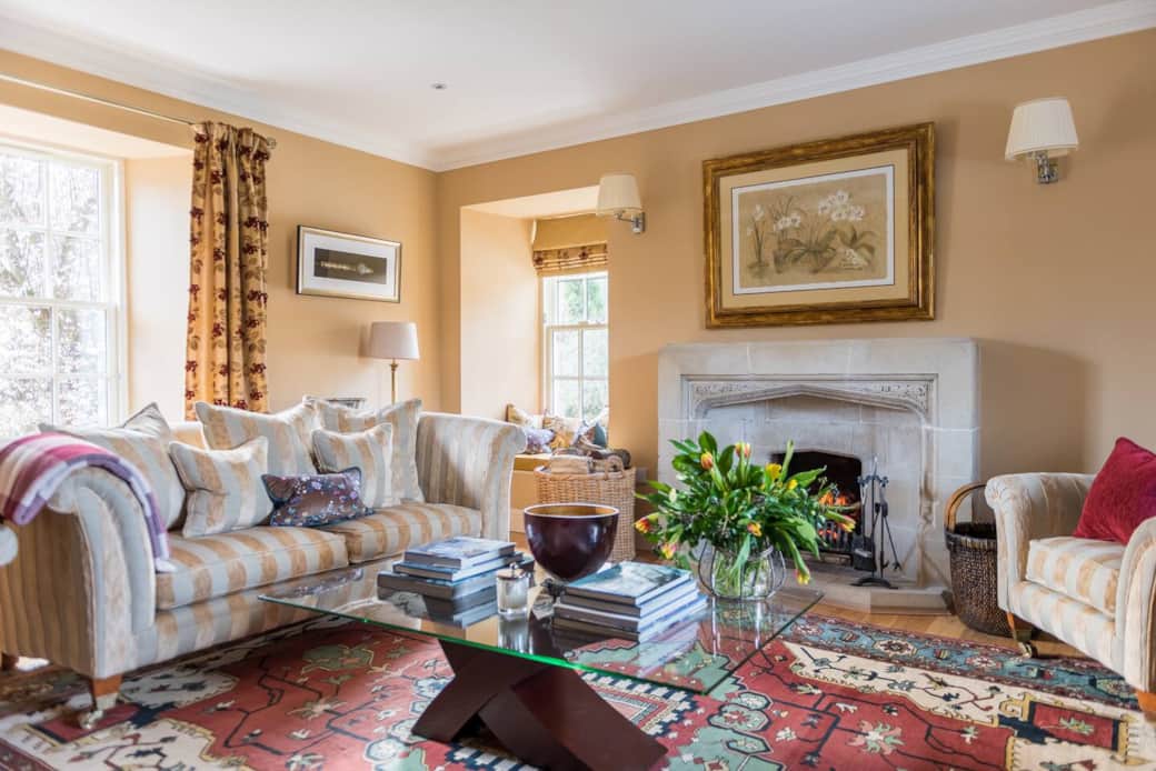Our Drawing Room upstairs, open log fire, large screen TV , huge comfy sofas