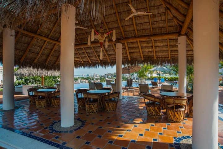 Pool lounge and covered seating area