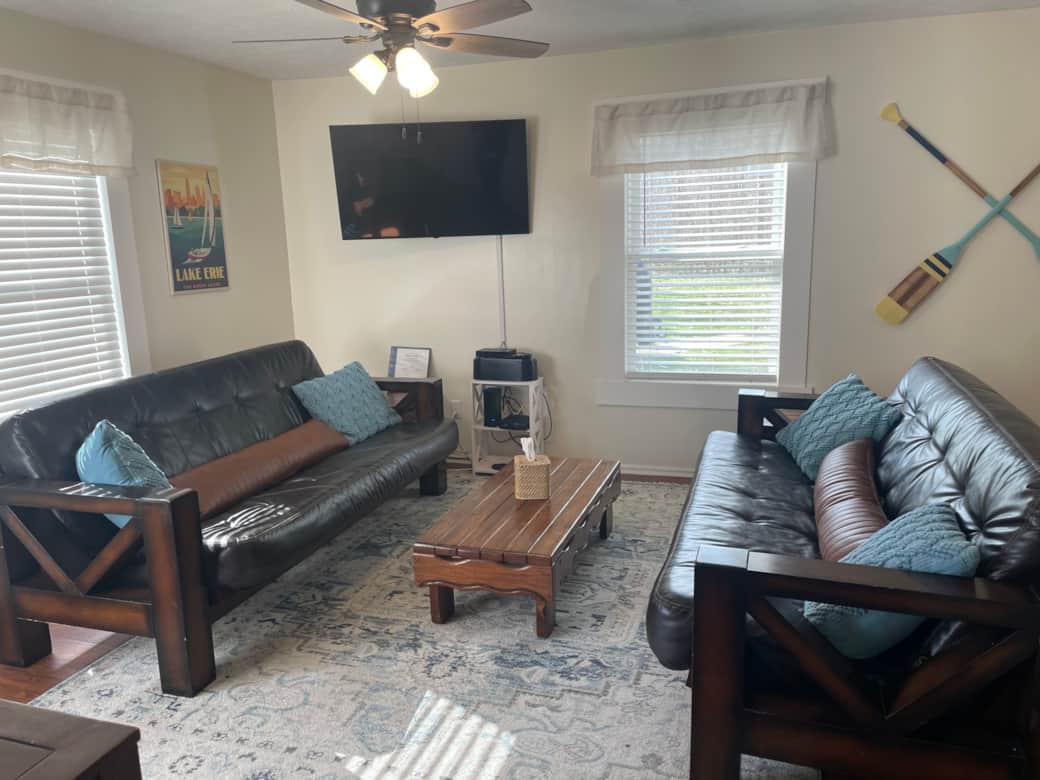 Futons fold down for extra sleeping, bedding provided
