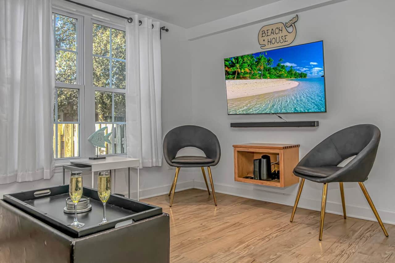 Cozy living area with Smart TV — perfect for relaxing after the beach