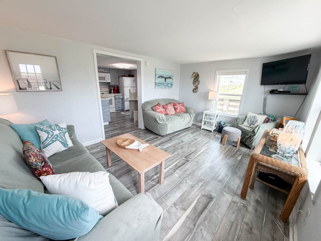 Modest living room with plenty of room for lounging.