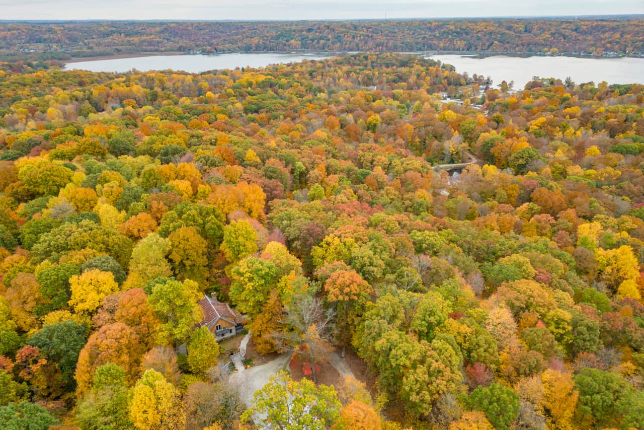 Aerial view of Lake Lemon in proximaty to Cabin Porch Paradise.  The fall color is outstanding in October and a desirable vacation destination.