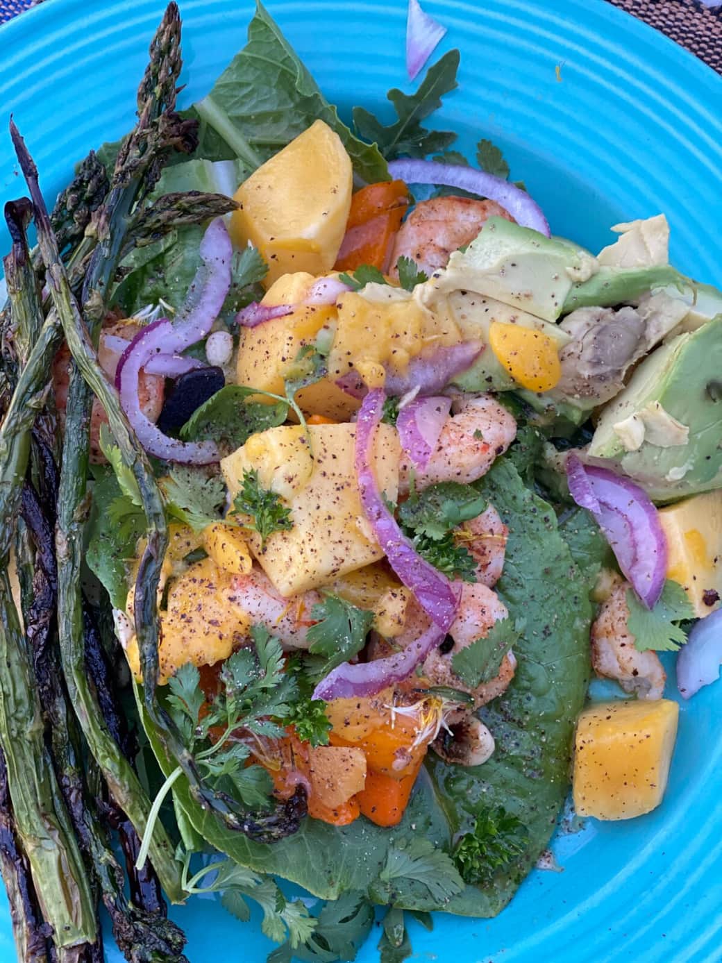 Shrimp and local fruit salad.