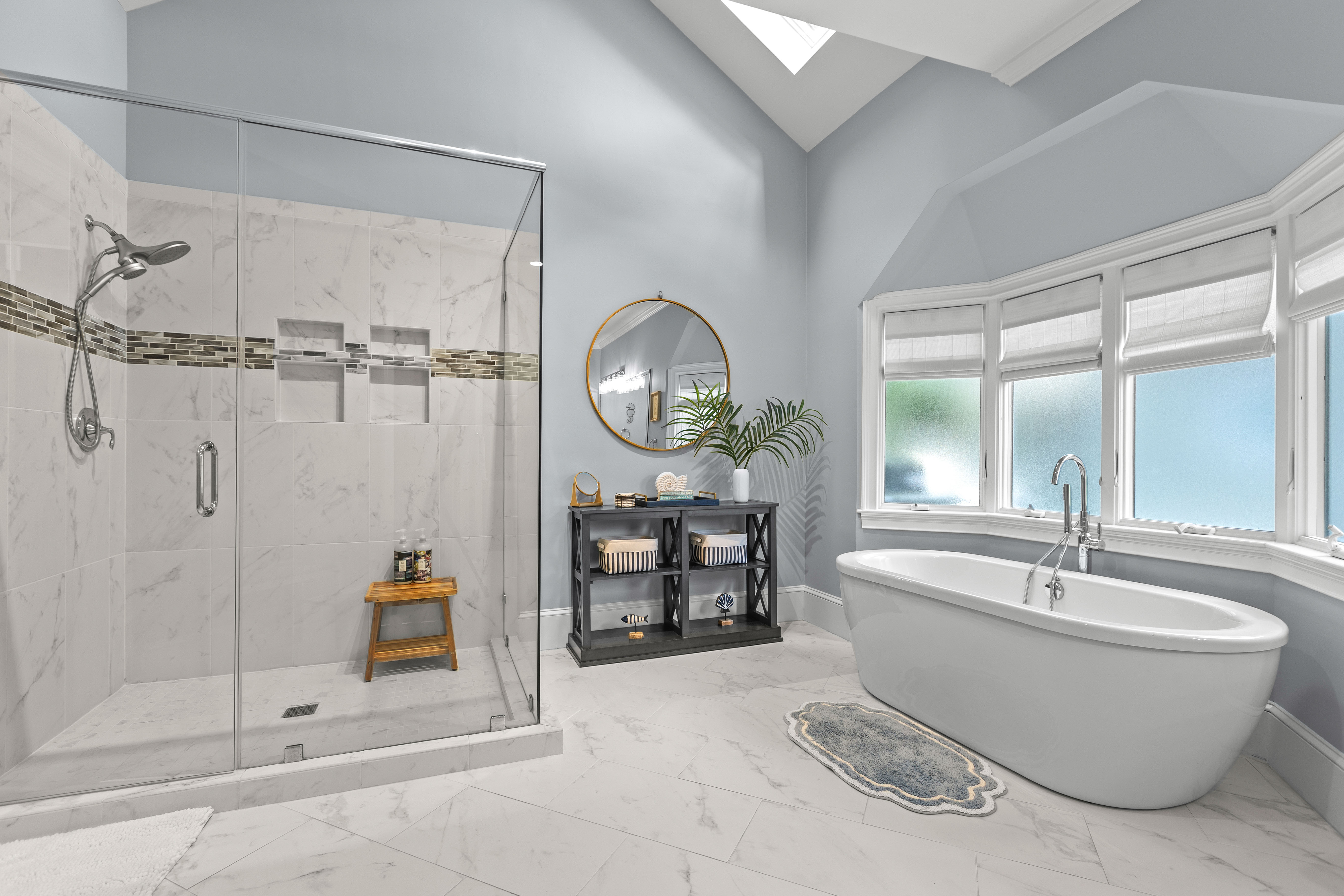 Walk-in glass shower, separate from the tub