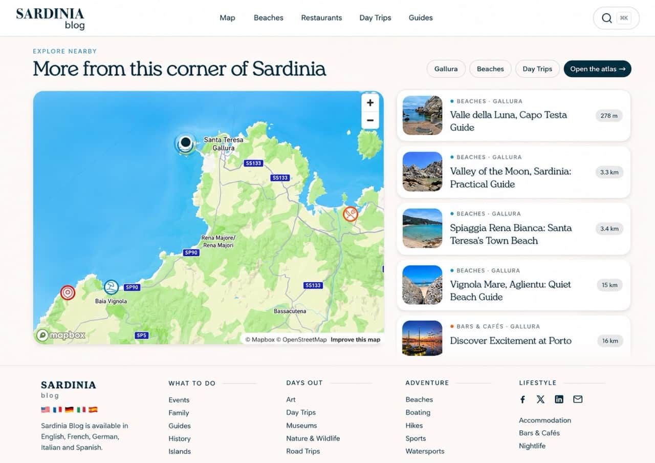 Interactive map on Sardinia.blog with 190+ mapped places, beaches, restaurants, stories and events across Sardinia