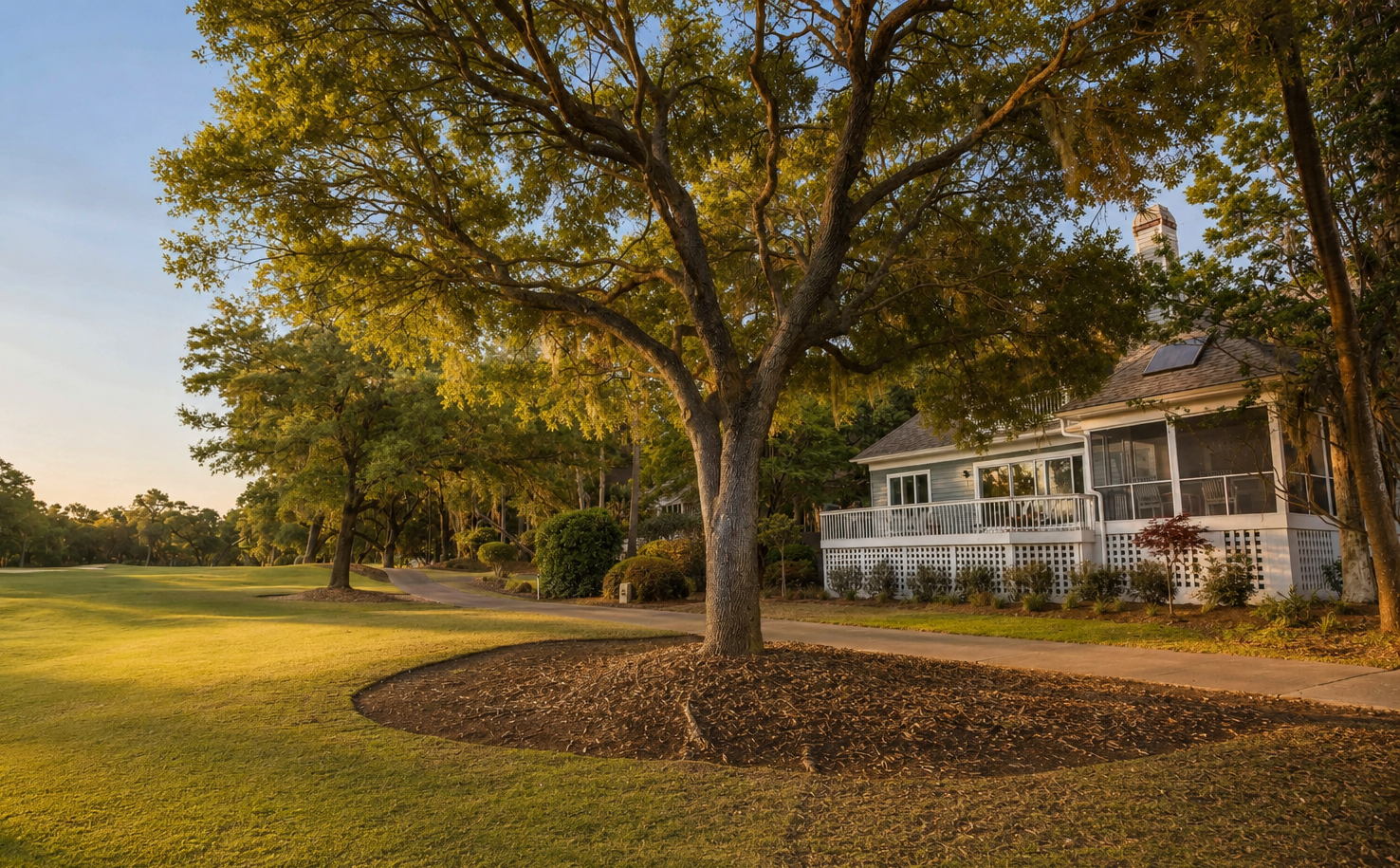 Take in peaceful views of the home beneath mature trees, with the open green space stretching alongs