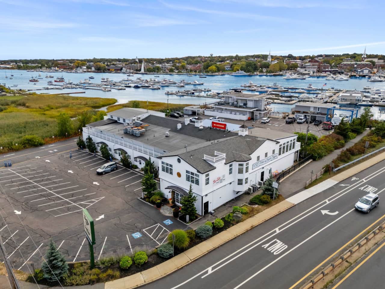 Aerial view of Guest House Suites, the Merrimack River, and Newburyport Harbor!
