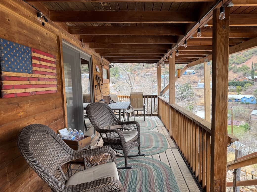 Oh that porch!  Enjoy your coffee or cocktail protected from the wind, rain, and sun while watching the return of the vultures, incoming rainstorms from Mexico, or the sunrise.